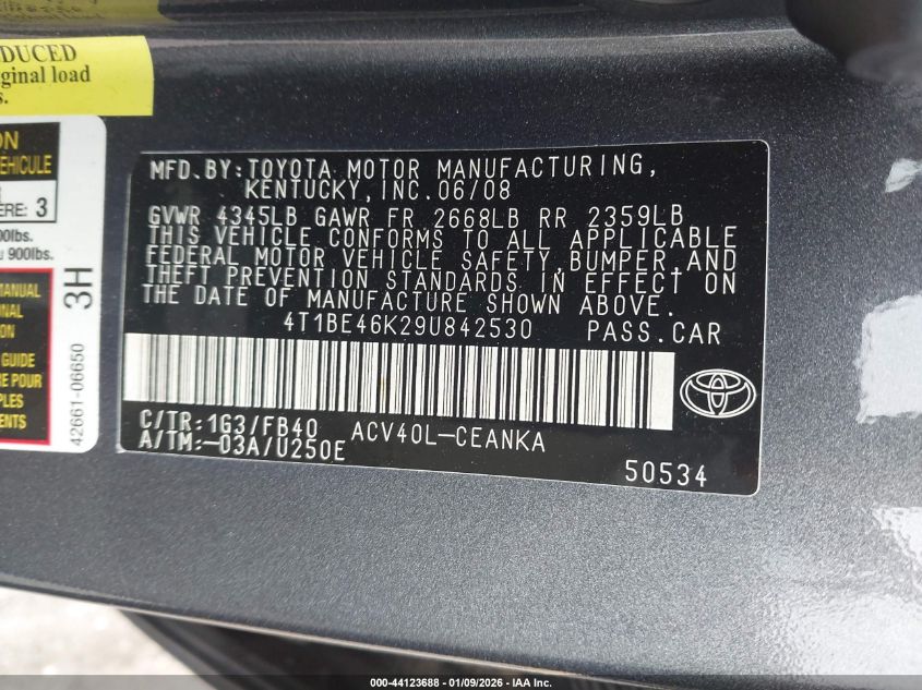 2009 Toyota Camry Le VIN: 4T1BE46K29U842530 Lot: 44123688