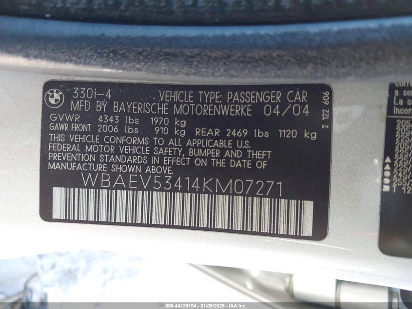 2004 BMW 330I VIN: WBAEV53414KM07271 Lot: 44125194