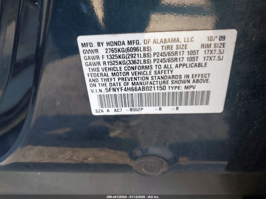 2010 Honda Pilot Ex-L VIN: 5FNYF4H66AB021150 Lot: 44125304