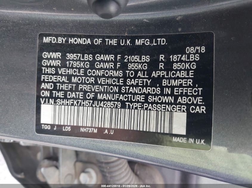 2018 Honda Civic Ex VIN: SHHFK7H57JU428579 Lot: 44125518