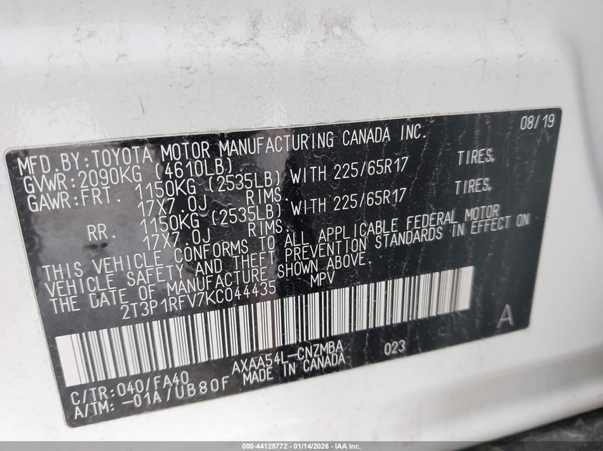 VIN 2T3P1RFV7KC044435 2019 TOYOTA RAV4 XLE