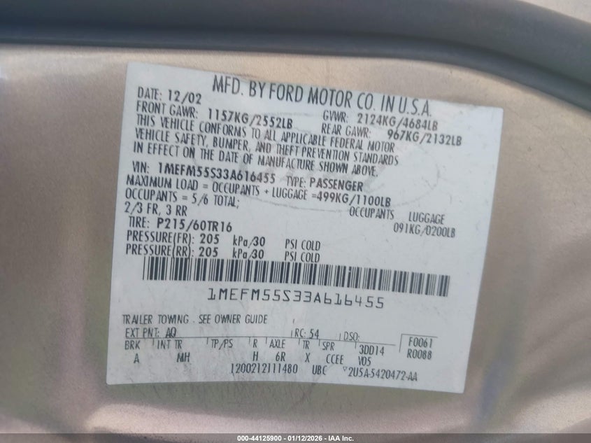 2003 Mercury Sable Ls Premium VIN: 1MEFM55S33A616455 Lot: 44125900