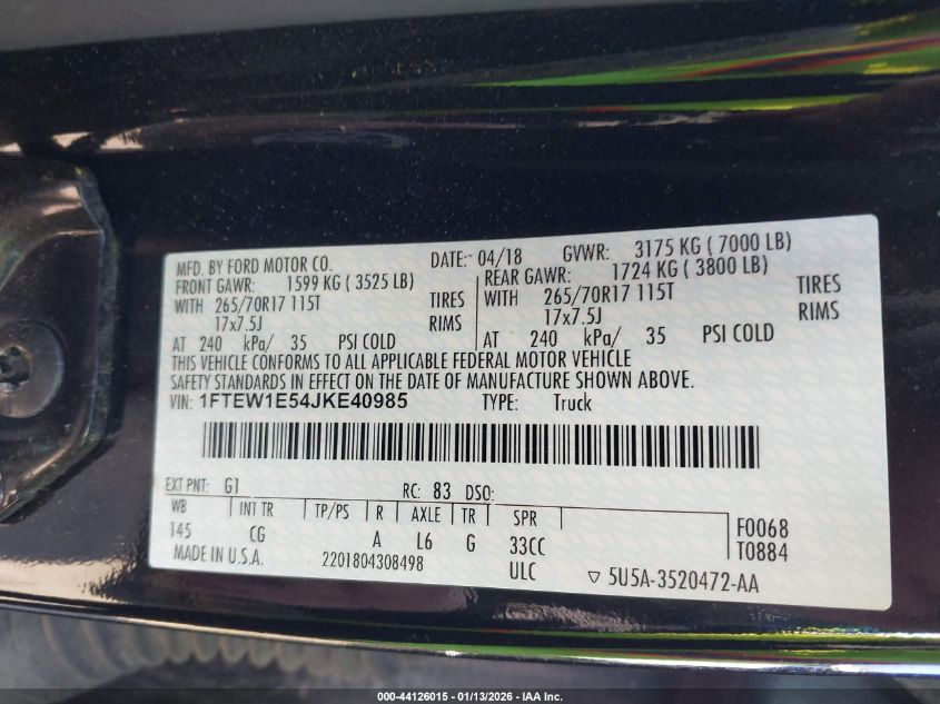 2018 Ford F-150 Xl VIN: 1FTEW1E54JKE40985 Lot: 44126015