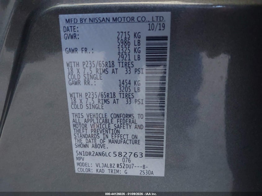 VIN 5N1DR2AN6LC582763 2020 NISSAN PATHFINDER S 2WD