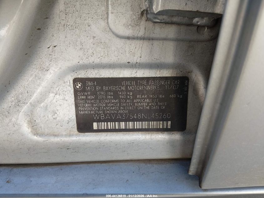 2008 BMW 328I VIN: WBAVA37548NL45260 Lot: 44126519