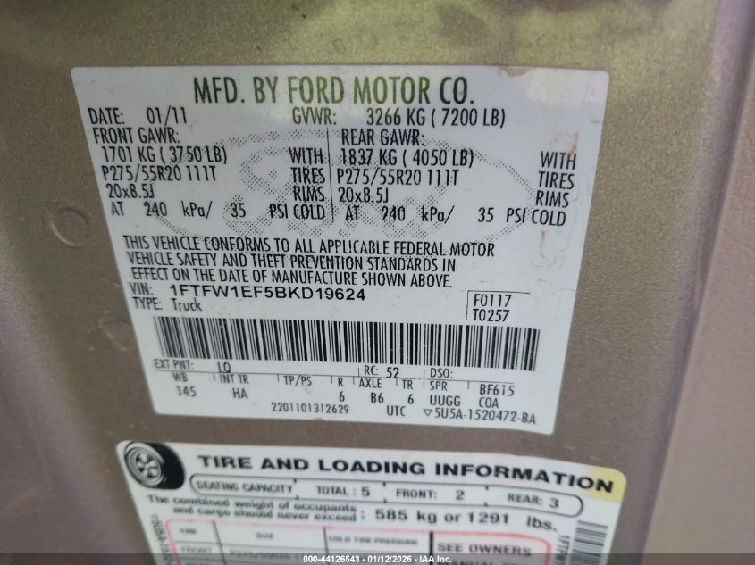 2011 Ford F-150 Lariat VIN: 1FTFW1EF5BKD19624 Lot: 44126543