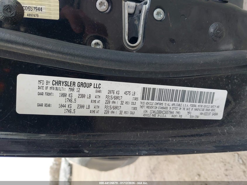 2012 Jeep Compass Sport VIN: 1C4NJDBBXCD657944 Lot: 44126579