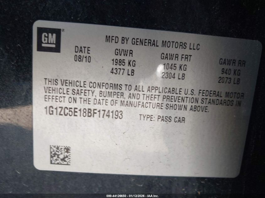 2011 Chevrolet Malibu 1Lt VIN: 1G1ZC5E18BF174193 Lot: 44126650