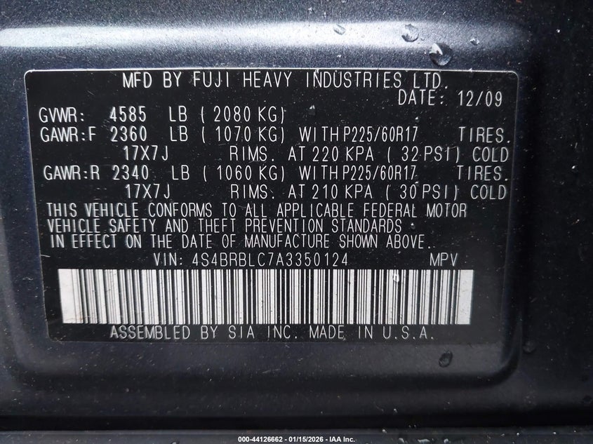 2010 Subaru Outback 2.5I Limited VIN: 4S4BRBLC7A3350124 Lot: 44126662