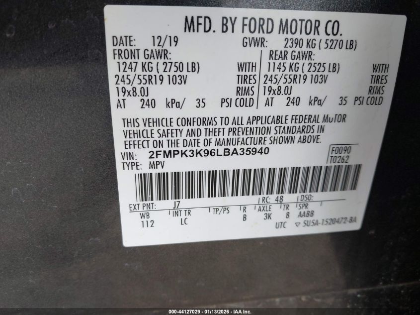 2020 Ford Edge Titanium VIN: 2FMPK3K96LBA35940 Lot: 44127029