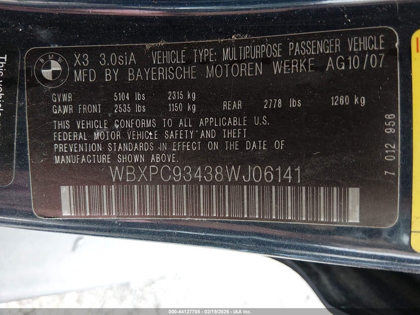 2008 BMW X3 3.0Si VIN: WBXPC93438WJ06141 Lot: 44127705