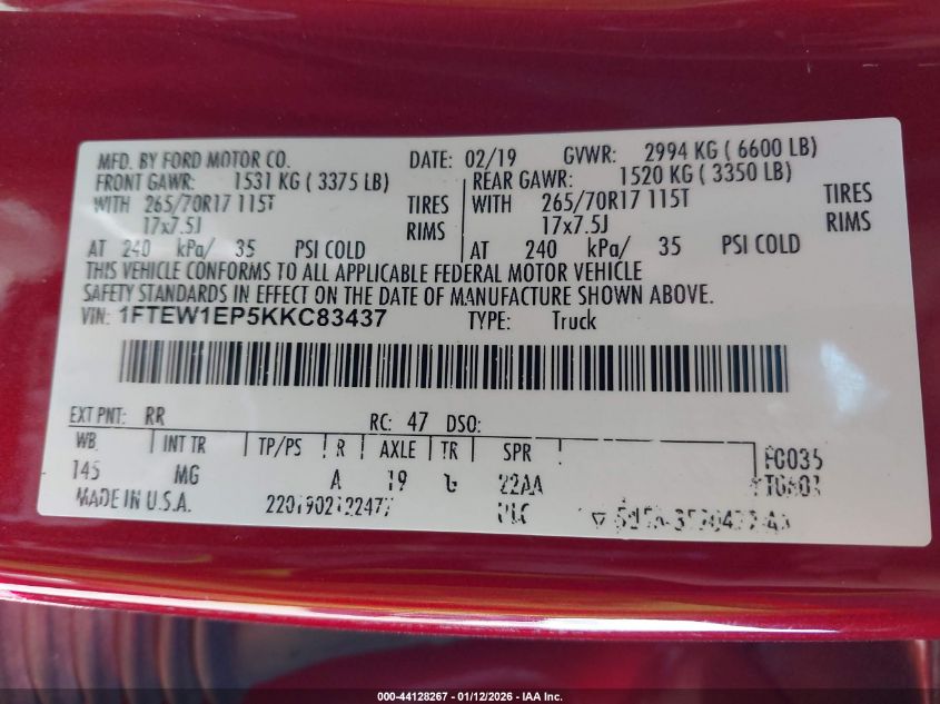 2019 Ford F-150 Xlt VIN: 1FTEW1EP5KKC83437 Lot: 44128267