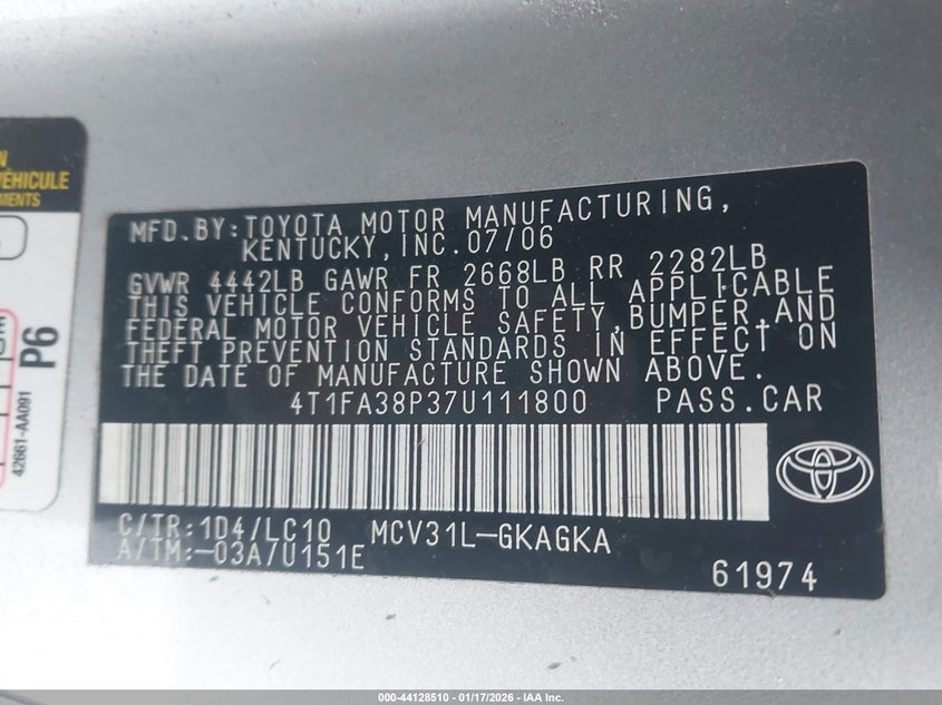 2007 Toyota Camry Solara Se/Sle VIN: 4T1FA38P37U111800 Lot: 44128510