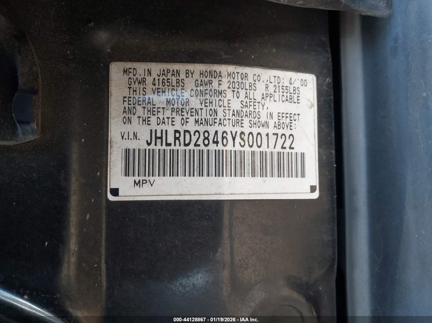 2000 Honda Cr-V Lx VIN: JHLRD2846YS001722 Lot: 44128867