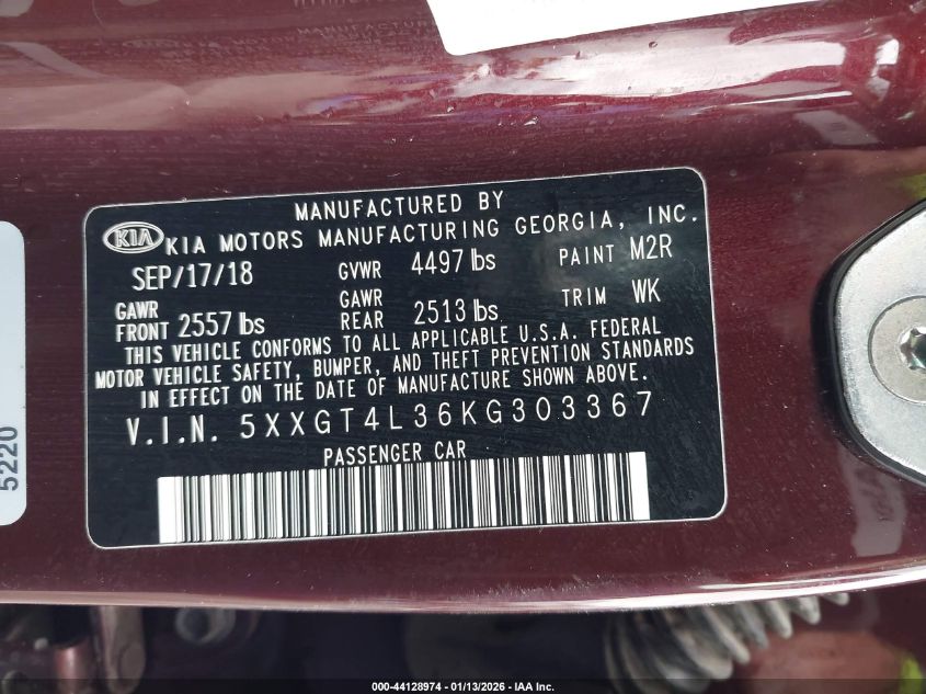 2019 Kia Optima Lx VIN: 5XXGT4L36KG303367 Lot: 44128974