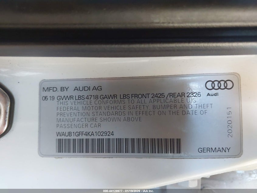 2019 Audi S3 2.0T Premium Plus VIN: WAUB1GFF4KA102924 Lot: 44128977
