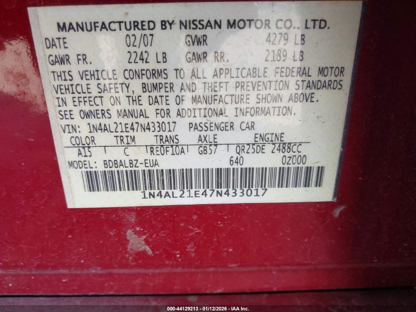 2007 Nissan Altima 2.5 S VIN: 1N4AL21E47N433017 Lot: 44129213