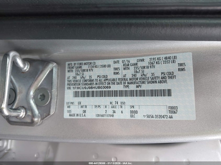VIN 1FMCU9J98HUB03069 2017 FORD ESCAPE TITANIUM