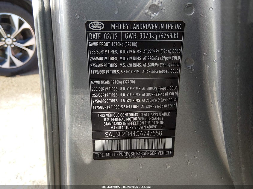 2012 Land Rover Range Rover Sport Hse VIN: SALSF2D44CA747558 Lot: 44129427