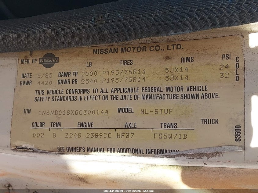 1986 Nissan 720 VIN: 1N6ND01SXGC300144 Lot: 44130059