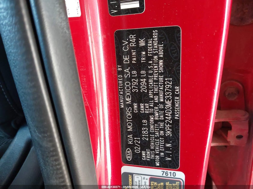 2021 Kia Forte Lxs VIN: 3KPF24AD3ME337921 Lot: 44130371