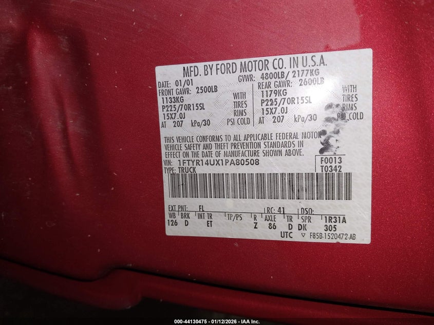 2001 Ford Ranger Edge/Xl/Xlt VIN: 1FTYR14UX1PA80508 Lot: 44130475