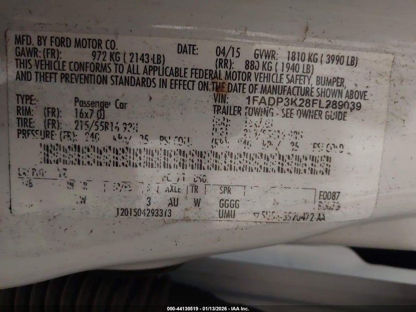 2015 Ford Focus Se VIN: 1FADP3K28FL289039 Lot: 44130519