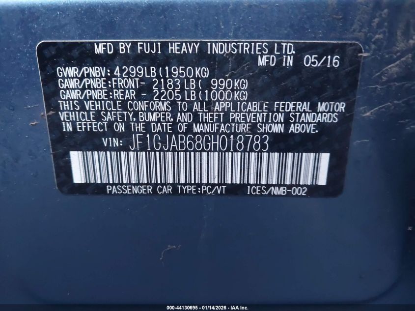 2016 Subaru Impreza 2.0I Premium VIN: JF1GJAB68GH018783 Lot: 44130695