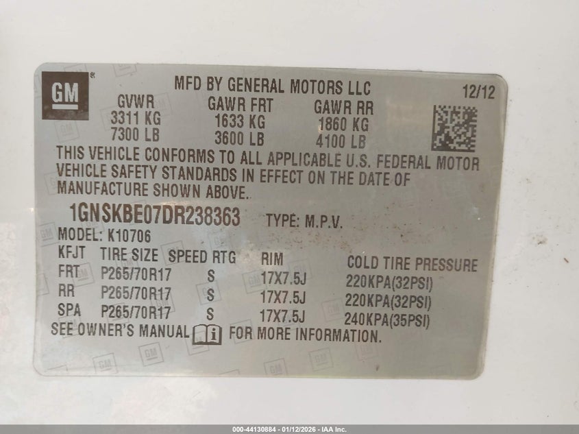 2013 Chevrolet Tahoe Lt VIN: 1GNSKBE07DR238363 Lot: 44130884