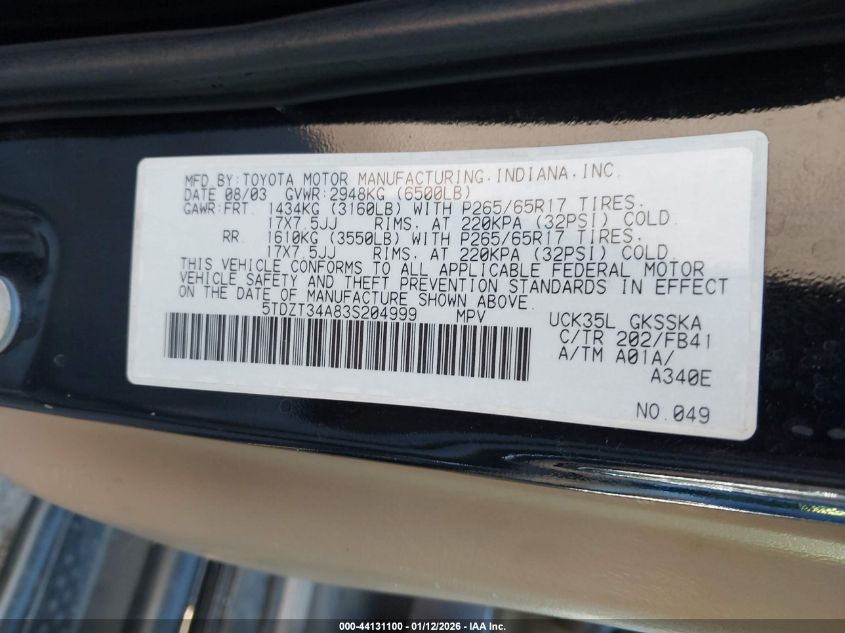 2003 Toyota Sequoia Sr5 V8 VIN: 5TDZT34A83S204999 Lot: 44131100