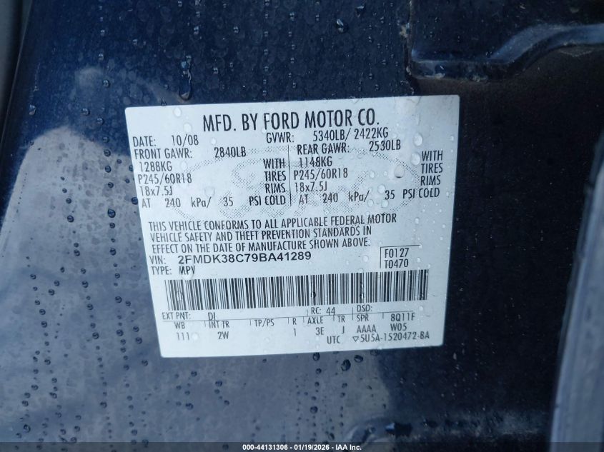 2009 Ford Edge Sel VIN: 2FMDK38C79BA41289 Lot: 44131306