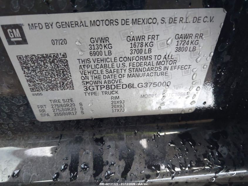 2020 GMC Sierra 1500 2Wd Short Box Slt VIN: 3GTP8DED6LG375000 Lot: 44131323
