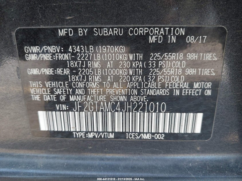 2018 Subaru Crosstrek 2.0I Limited VIN: JF2GTAMC4JH221010 Lot: 44131518