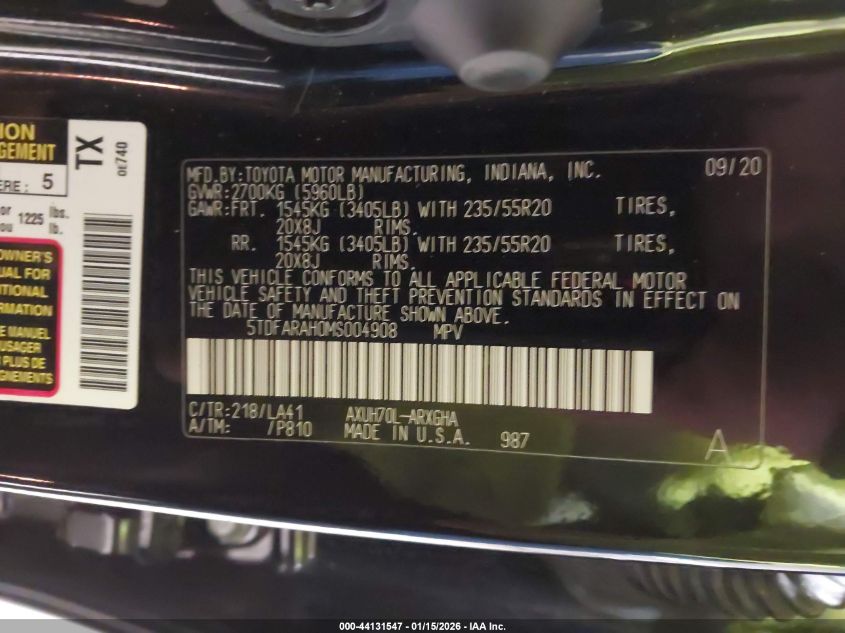 2021 Toyota Highlander Hybrid Platinum VIN: 5TDFARAH0MS004908 Lot: 44131547