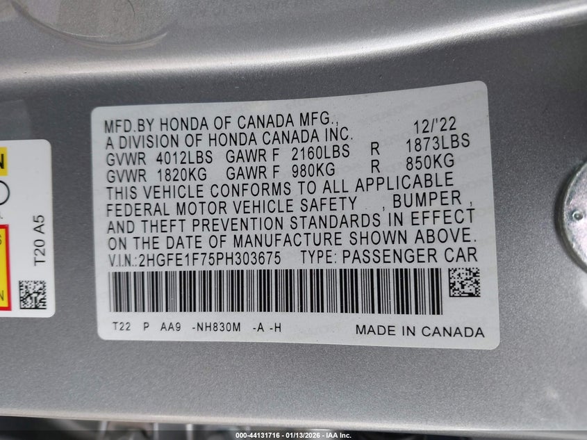 2023 HONDA CIVIC(VIN: 2HGFE1F75PH303675