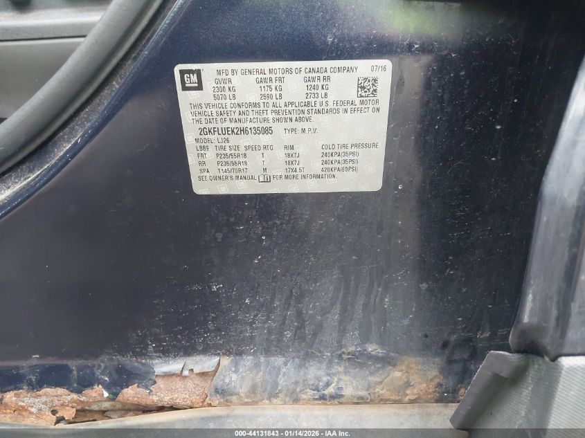 2017 GMC Terrain Slt VIN: 2GKFLUEK2H6135085 Lot: 44131843