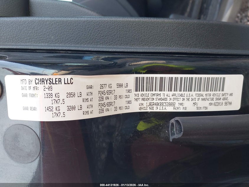 2009 Jeep Grand Cherokee Laredo VIN: 1J8GR48K89C539892 Lot: 44131926