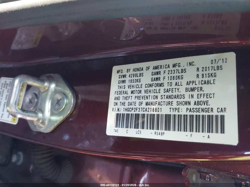 2012 Honda Accord 2.4 Lx red Lot 111044132123 Vin 1HGCP2F37CA218801