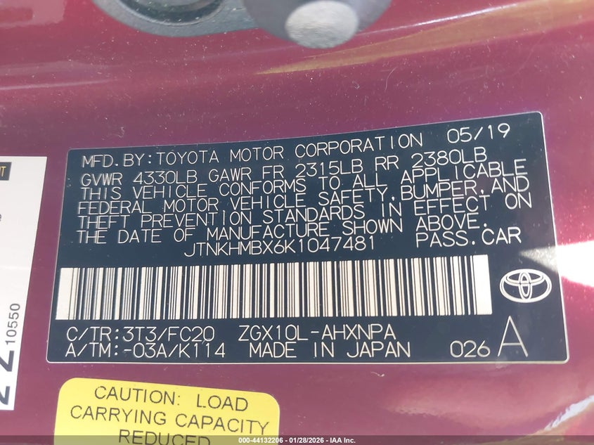 2019 Toyota C-Hr Le VIN: JTNKHMBX6K1047481 Lot: 44132206