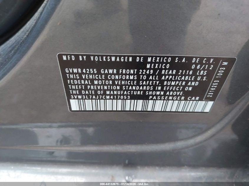 2012 Volkswagen Jetta 2.0L Tdi VIN: 3VW3L7AJ7CM417053 Lot: 44132675