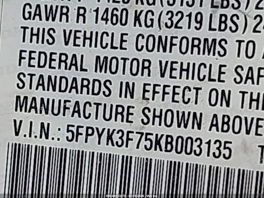 2019 Honda Ridgeline Rtl-E VIN: 5FPYK3F75KB003135 Lot: 44133378