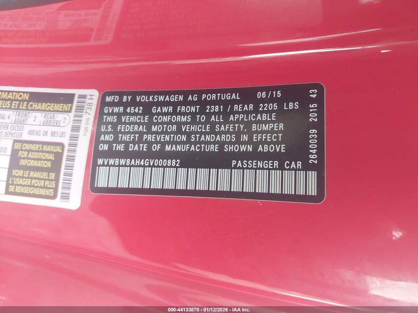 2016 Volkswagen Eos Komfort VIN: WVWBW8AH4GV000882 Lot: 44133870
