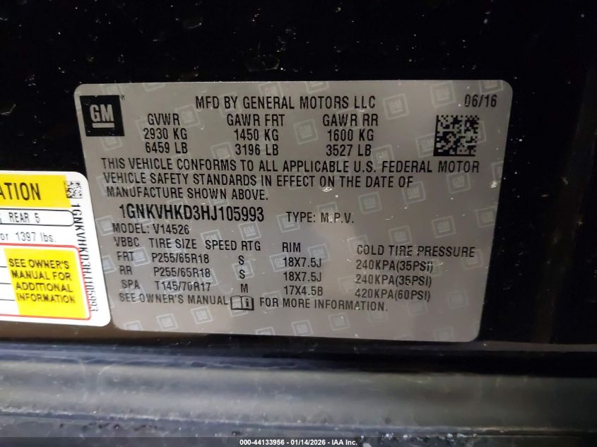 2017 Chevrolet Traverse 2Lt VIN: 1GNKVHKD3HJ105993 Lot: 44133956