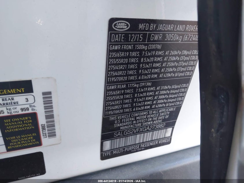 2016 Land Rover Range Rover 3.0L V6 Supercharged Hse VIN: SALGS2VFXGA273882 Lot: 44134019