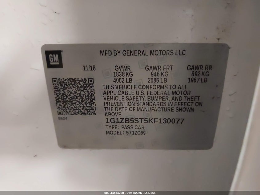 2019 Chevrolet Malibu 1Ls VIN: 1G1ZB5ST5KF130077 Lot: 44134220