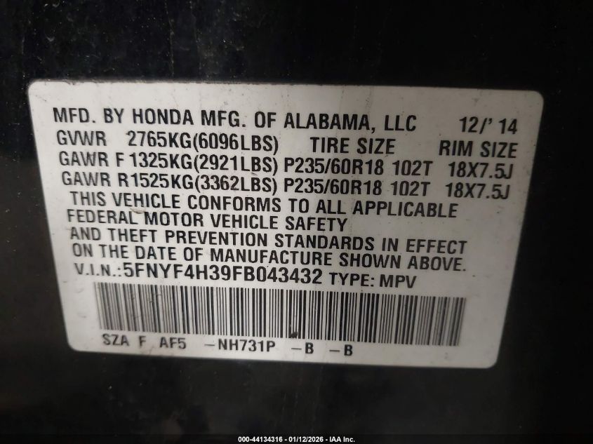 2015 Honda Pilot Se VIN: 5FNYF4H39FB043432 Lot: 44134316