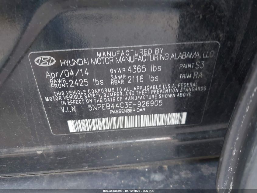 2014 Hyundai Sonata Gls VIN: 5NPEB4AC3EH926905 Lot: 44134399