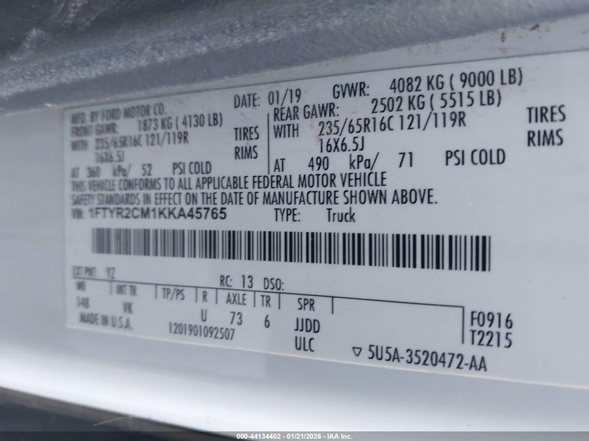 VIN 1FTYR2CM1KKA45765 2019 FORD TRANSIT-250
