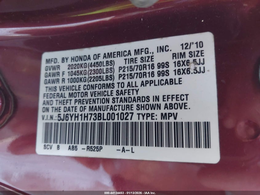 2011 Honda Element Ex VIN: 5J6YH1H73BL001027 Lot: 44134453