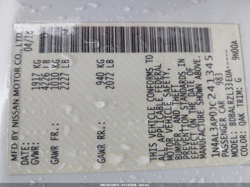 2018 Nissan Altima 2.5 Sl VIN: 1N4AL3AP0JC241345 Lot: 44134575